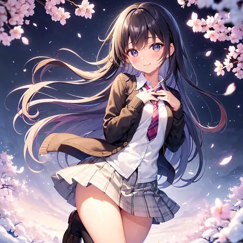 (Highest quality),One high school girl、Iris、smile、blush、Short black hair、Small breasts、cardigan、Normal necktie、Place your hands together at your chest、Checkered mini skirt、Beautiful thighs、White socks、Black Loafers、Cherry blossoms, snow and moon night sky ...