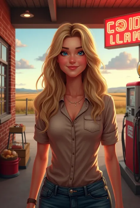 A blonde human woman who owns a gas station 
