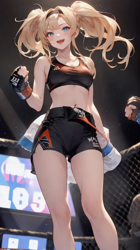 zetadef, braid, hair intakes, twintails, hairband,
Detailed eyes,(wearing sports wear:1.5, bare thigh), Her slim legs are really cute.,Very beautiful long legs, Perfect body,(Independent),(on MMA Arena :1.5), naughty smile, open mouth, Toned stomach,Ultra ...