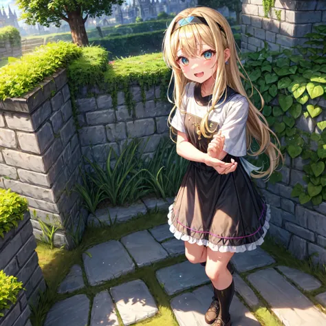 Iridescent blonde、Rainbow Eyes、Wavy Hair、Hair tied up、Two cute、Checked mini skirt、Black T-shirt、dress、Black knee-high socks、Headband、Teeth are visible、Monster Castle、Tilting face、grass、In front of the city gates、Underground tunnels、The stone is cracked、Une...