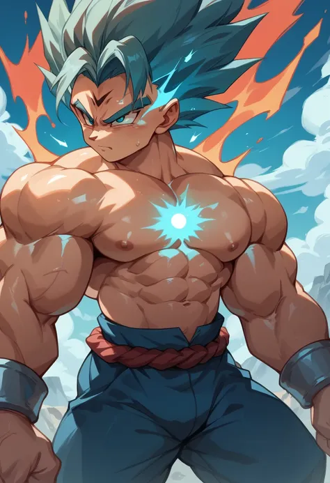 highest quality,based on anatomy,huge muscles,a mix of vegeta and kogenta,devil's body,sexually attractive gestures,shiny skin,g...