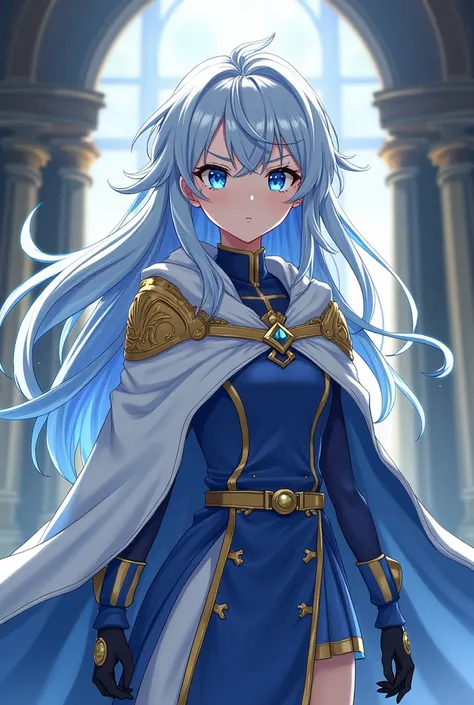 White hair with blue in it, sky blue eyes, young girl, anime drawing, simple royal costume closed that does not reveal parts of the body, royal cloak, without chest opening, royal chamber background, dangerous, serious, beautiful, strong build, , Fighter, ...