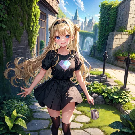 Iridescent blonde、Rainbow Eyes、Wavy Hair、Hair tied up、Two cute、Checked mini skirt、Black T-shirt、dress、Black knee-high socks、Headband、Teeth are visible、Monster Castle、Tilting face、grass、In front of the city gates、Underground tunnels、The stone is cracked、Une...