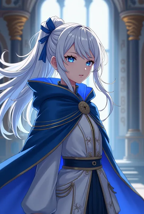 White hair with blue in it, sky blue eyes, young girl, anime drawing, simple royal costume closed that does not reveal parts of the body, royal cloak, without chest opening, royal chamber background, dangerous, serious, beautiful, strong build, , Fighter, ...