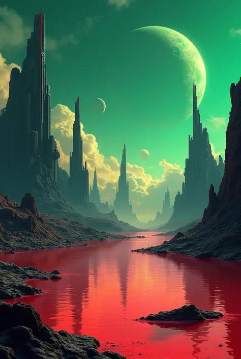 Red lake black city green sky planets