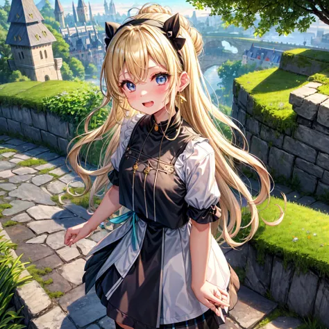 Iridescent blonde、Rainbow Eyes、Wavy Hair、Hair tied up、Two cute、Checked mini skirt、Black T-shirt、dress、Black knee-high socks、Headband、Teeth are visible、Monster Castle、Tilting face、grass、In front of the city gates、Underground tunnels、The stone is cracked、Une...