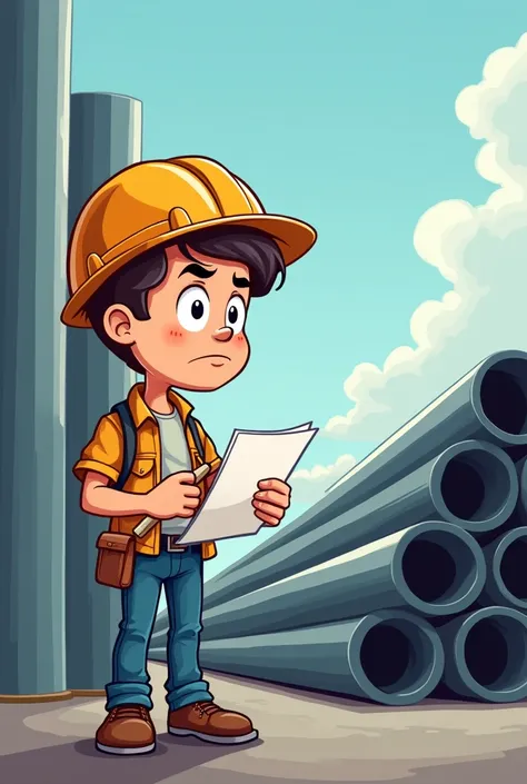 Draw a cartoon of a person standing and writing down the codes for some long steel pipes on a sheet of paper. 