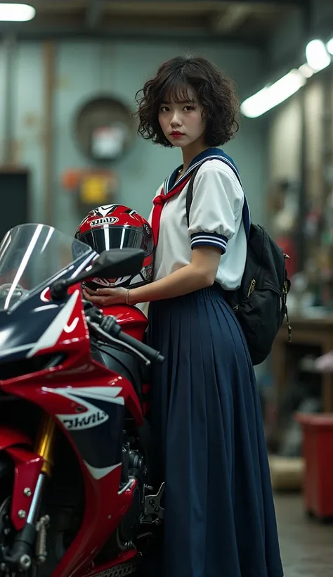 documentary photo, realistic, dramatic scene, very beautiful Japanese high school girl, famous beautiful Japanese idol, cute woman, punk rock styled mature bad girl, short curly-haired, standing at the side of a motorcycle, at a bike repair shop, masterpie...