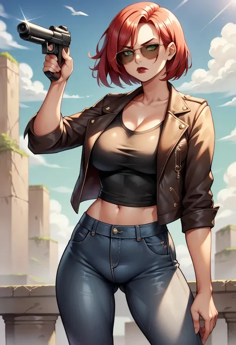 (high-level image quality), (high quality), (high resolution), (detailed), (masterpiece), beautiful young woman, ((caucasian)), green eyes, red hair, short hair, dark red lipstick, serious, aviator sunglasses, leather jacket, black top, black jeans, aiming...