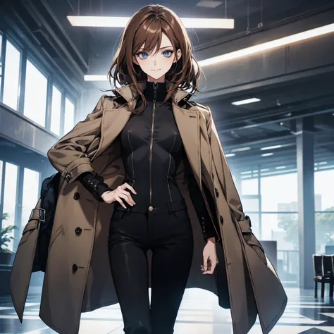 (Confused, High resolution, Very detailed), 1 female, Brown Hair,Medium Hair,Light blue eyes,Black and blue outfit,29th generation,beauty,mature,thin,quiet,Small smile,coat,Slender and thin,boots,skinny pants,lobby,Small breasts,
