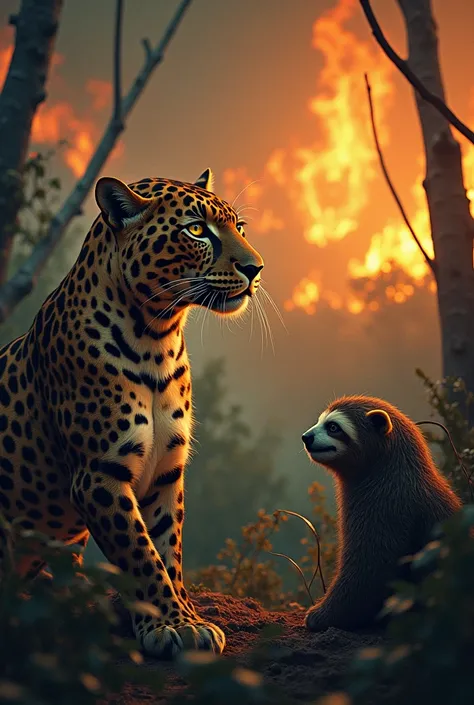 Surreal image of a leopard and a sloth crying as they watch the fire in the Bolivian forests