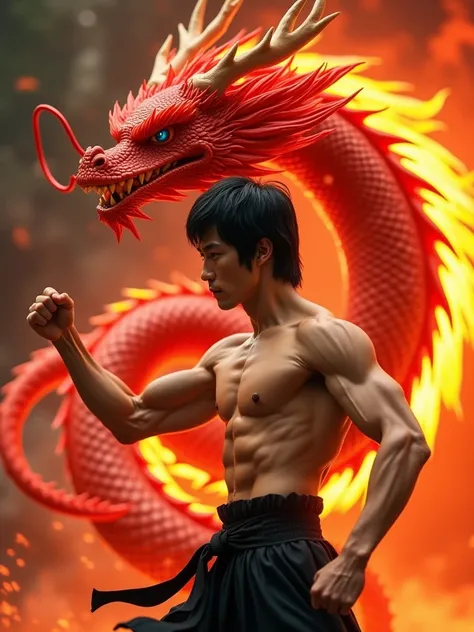 Create a dynamic scene featuring a legendary martial artist(inspired by Bruce lee) in a powerful stance, ready to strike with intense focus and precision. He is shirtless, showcasing his well-defined muscles and is positioned against a fiery, vibrant backg...