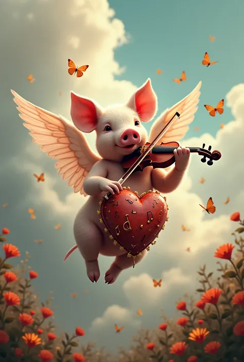 Make an art with a pig with wings and playing violin at the clouds, the pig is surrounded by butterflies, flowers, and a real human heart surrounded by musical instruments or notes.