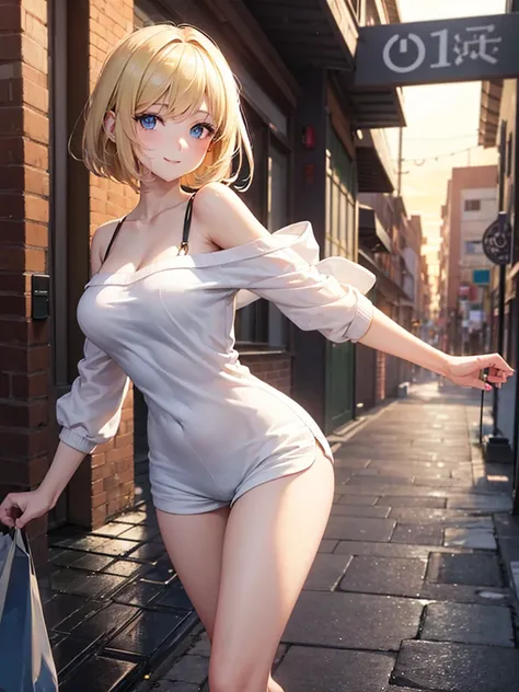 Anime style, super fine illustration, highly detailed, beautiful detailed, pale tone image, static representation, gentle expression, 8k, pretty 1girl with blonde straight short hair & blue eyes & a bright smile & big breasts & soft fair skin is wearing th...