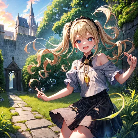 Iridescent blonde、Rainbow Eyes、Wavy Hair、Hair tied up、Two cute、Checked mini skirt、Black T-shirt、dress、Black knee-high socks、Headband、Teeth are visible、Monster Castle、Tilting face、grass、In front of the city gates、Underground tunnels、The stone is cracked、Une...