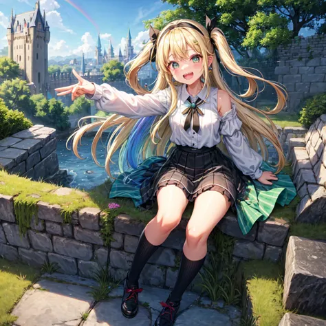 Iridescent blonde、Rainbow Eyes、Wavy Hair、Hair tied up、Two cute、Checked mini skirt、Black T-shirt、dress、Black knee-high socks、Headband、Teeth are visible、Monster Castle、Tilting face、grass、In front of the city gates、Underground tunnels、The stone is cracked、Une...