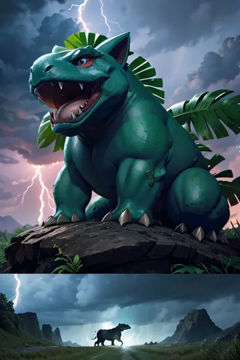 venasaur transformed into an overwhelmingly ferocious beast、rumbling lightning、dark clouds、heavy downpours、realistic、cinematic c...