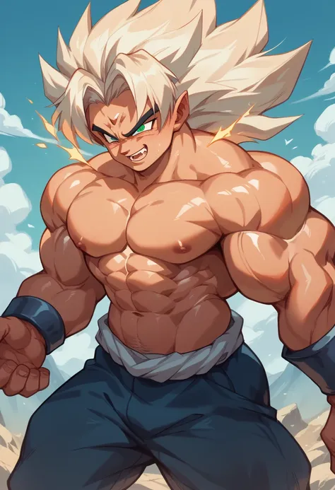 highest quality,based on anatomy,huge muscles,a mix of vegeta and kogenta,devil's body,sexually attractive gestures,shiny skin,g...