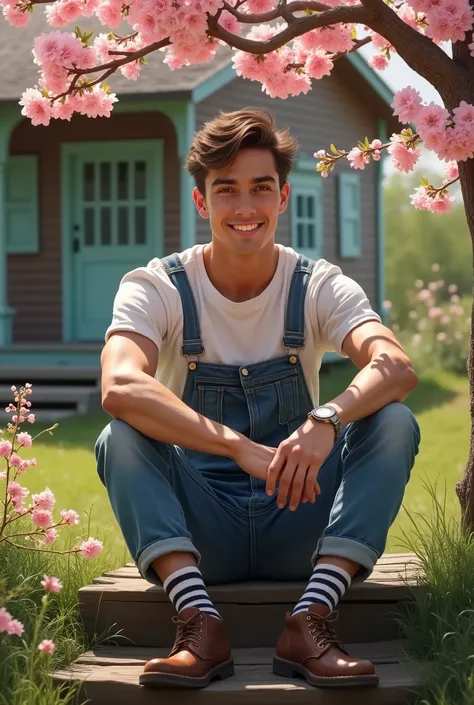 
Create a hyper realistic and detailed faces, close up a handsome man 20 years old, realistic handsome face and best big eyes, realistic best white teeth, he sitting on wooden steps next to a tree with pink blossoms, wearing a white t-shirt, denim overalls...