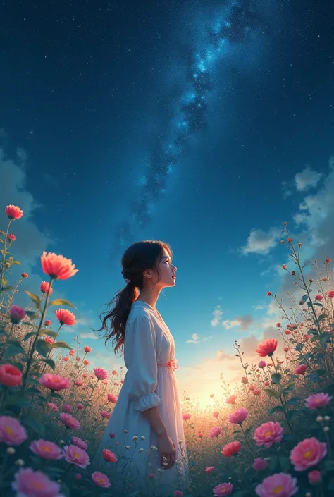 คุณpicturehighสุด, high_resolution, different_picture, Detailed background, girl, flower, garden, starry sky,