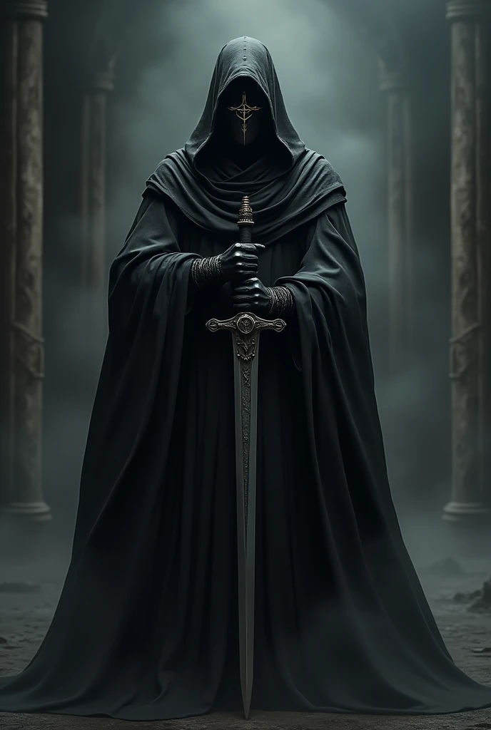 black hooded robe，Cross mask，Armed with a long sword