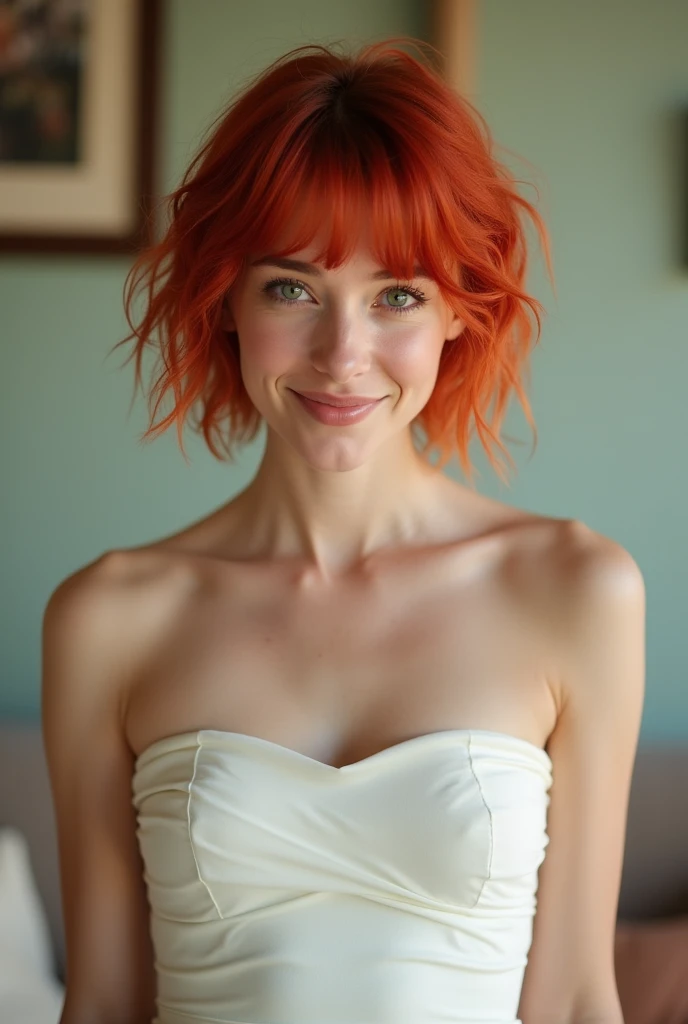 She is wearing an outfit of a white strapless dress  , , ella posa standing c. Her short wavy red hair and ruby red bangs add a vibrant touch, mientras que el ambiente interior con Soft lighting crea un equilibrio, a slightly playful atmosphere.short red e...