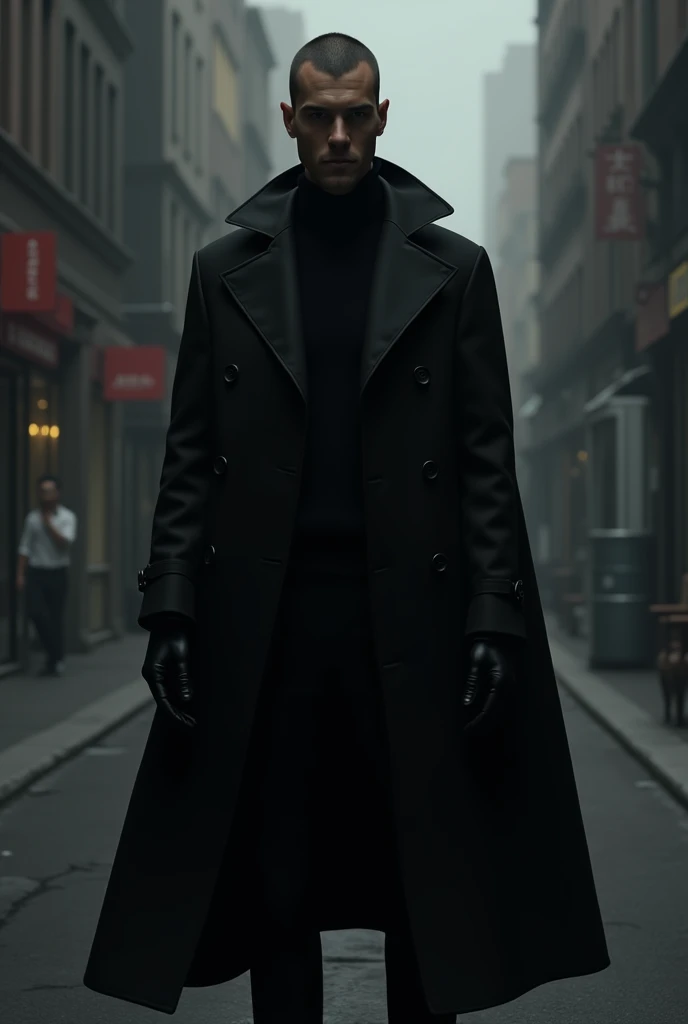 Man black turtle neck and black long coat