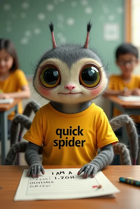 Spider is wearing yellow coloured t-shirt and on its T-shirt "quick spider" was written and he is in the class and other students are normal and it was write on a paper that "I am a quick spider" and it eating the waste item like waste 