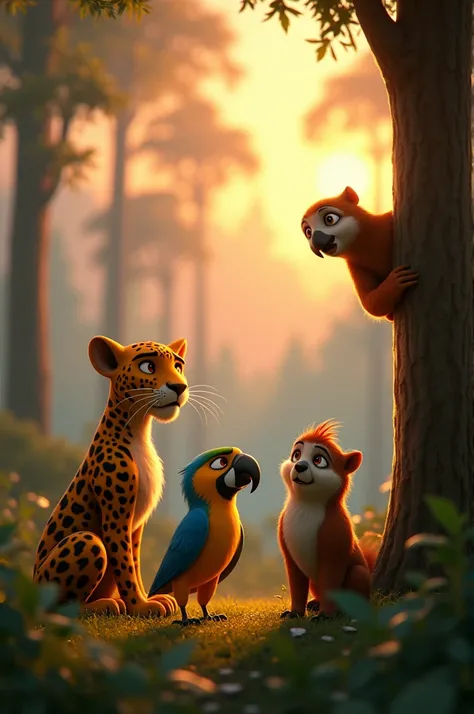 Pixar style image of a leopard, A parrot and a sloth crying to see if the Bolivian forest catches fire 