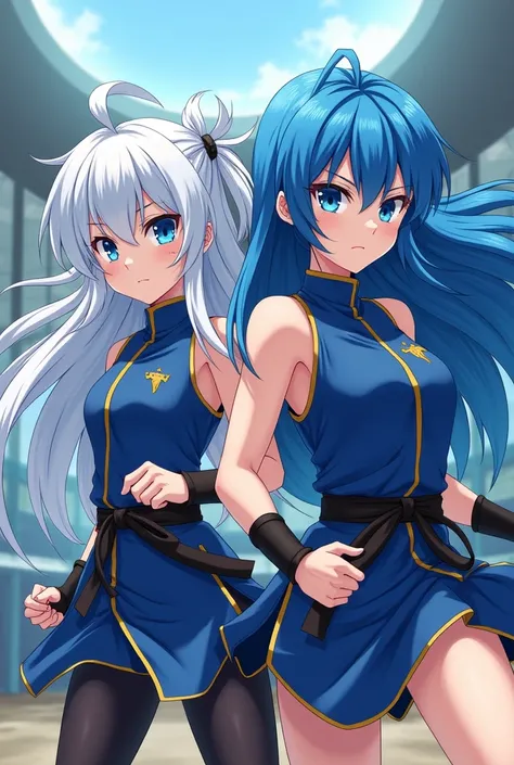 White hair with blue in it, sky blue eyes, 2 young girl, anime drawing, closed royal training uniform, no chest opening, training ground background, dangerous, serious, beautiful, strong build, , Fighter, dynamic hair, long hair, serious look,   