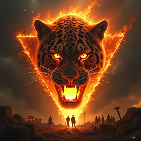 "A stunning image of a fire-themed jaguar&#39;s head, divided into three sections that together form a complete image. The first section presents the eyes of the jaguar, shining with intense flames, surrounded by dark shadows that symbolize stealth and str...