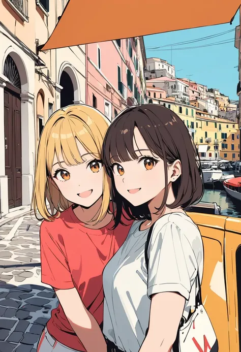 (masterpiece, best quality:1.1), pop-art style, medium flat color,(two girls),cute,detailed face,tween,have a nice trip,(naples),Italy, beautiful detailed scenery, beautiful lighting,very happy,dynamic pose,photographic portrait, sharp,Illustration by okam...