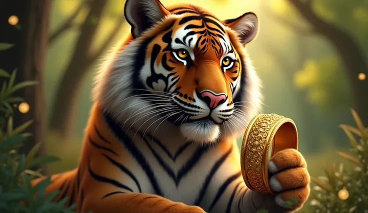 **Tiger Holding a Golden Bracelet:**
   - Close-up of the tiger holding a shining, golden bracelet in its paw. The bracelet glimmers as sunlight filters through the trees, reflecting brightly. The tiger looks calm and wise, not aggressive.