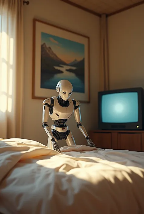 A robot that is arranging a bed and to the left there is a painting and to the right a television. 