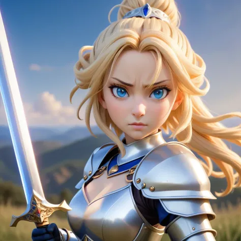 Create a highly detailed, lifelike depiction of Saber from Fate/stay night. She stands heroically in a medieval battleground at sunset, wearing her iconic silver armor with blue and white accents. Her flowing golden blonde hair is tied in a high bun with l...