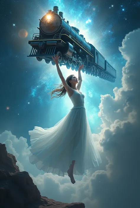 astral body of a beautiful  girl lifting a train above her head as it flies through the air 