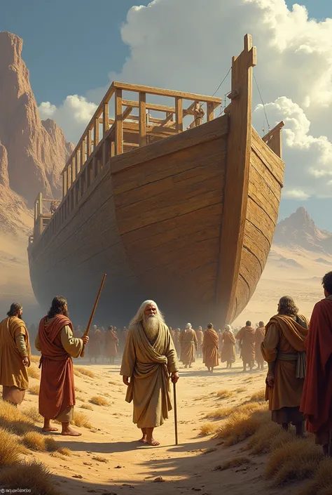 Picture of Prophet Noah and his followers building a big ark in the middle of the desert.