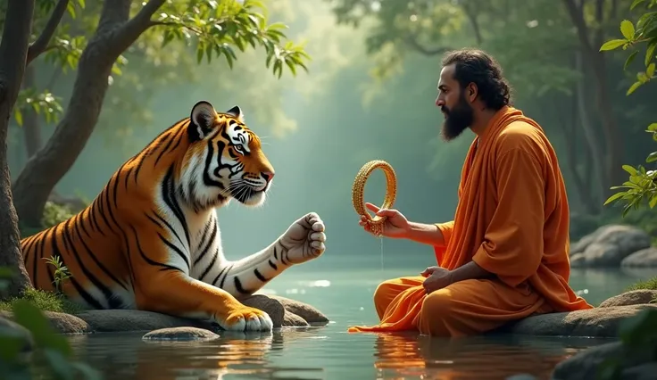 Tiger’s Plea:**
   - The tiger is speaking to the Brahmin, trying to reassure him. The tiger gestures toward the golden bracelet while sitting near the water, and the Brahmin stands further back, listening but still unsure, with tall trees and a peaceful p...