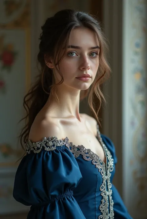 RAW photo, A girl of Slavic appearance, 16years old, Waist-length image in the center of the composition, brown hair, (styled elegantly), a sophisticated medieval gown in shades of deep blue and silver, ((elegant)), Graceful, blurred background, 8K UHD, so...