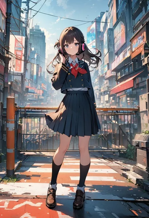 (Top quality illustrations:1.2)、(cute:1.0)、(1 girl:1.0)、(half updo)、(School uniforms:1.0)、(Whole Body Ezbian:1.0)、(Ultra-detailed) 、、(The background is the cityscape:1.1)、If you have headphones、full body