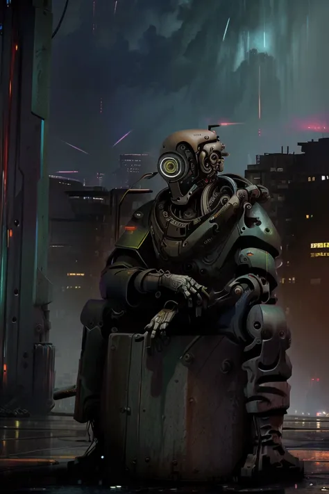 A worn-out looking cyborg, with exposed mechanical parts and electronic eyes, sitting on a rooftop in the acid rain, looking down at the city below as he searches for fragmented memories of his previous human life.