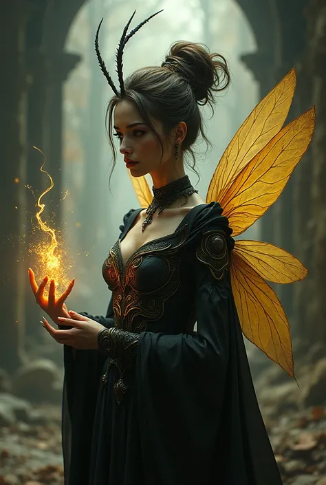 Evil, pretty female wizzard bee, wielding magic