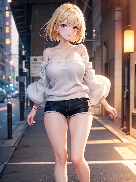 Anime style, super fine illustration, highly detailed, beautiful detailed, pale tone image, static representation, gentle expression, 8k, pretty 1girl with blonde straight short hair & blue eyes & a bright smile & big breasts & soft fair skin is wearing th...