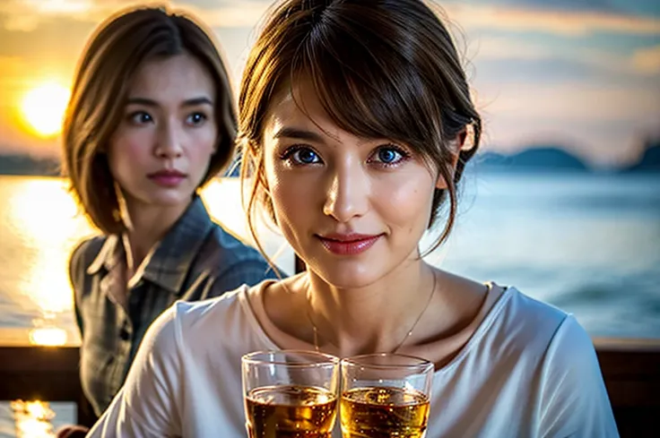 (Realistic, 超Realistic:1.4), 16k hdr, High resolution,Brown short hair,The best smile、Japanese actress,Super Beauty(Like the real thing),Short sleeve dress,Whiskey bottles、The Macallan、Johnnie Walker、、Old Parr、whiskey、Suntory、Nikka、Slim couple、Model Couple...