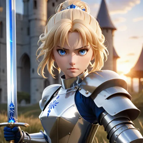 Create a highly detailed, lifelike depiction of Saber from Fate/stay night. She stands heroically in a medieval battleground at sunset, wearing her iconic silver armor with blue and white accents. Her flowing golden blonde hair is tied in a high bun with l...