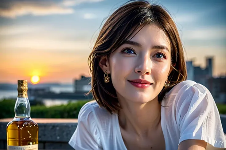 (Realistic, 超Realistic:1.4), 16k hdr, High resolution,Brown short hair,The best smile、Japanese actress,Super Beauty(Like the real thing),Short sleeve dress,Whiskey bottles、The Macallan、Johnnie Walker、、Old Parr、whiskey、Suntory、Nikka、Slim couple、Model Couple...