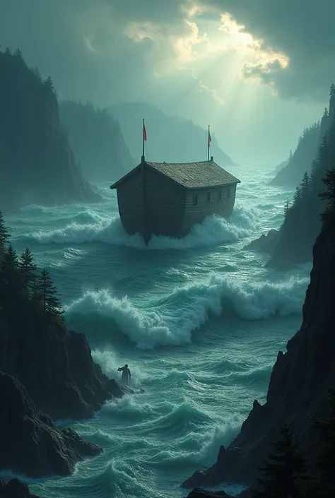 Visual of the terrible flood during the time of the prophet Noah that submerged the land, the ark floats on the water. 