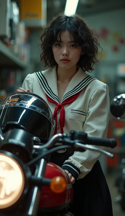 documentary photo, realistic, dramatic scene, very beautiful Japanese high school girl, famous beautiful Japanese idol, cute woman, punk rock styled mature bad girl, short curly-haired, standing at the side of a motorcycle, at a bike repair shop, masterpie...