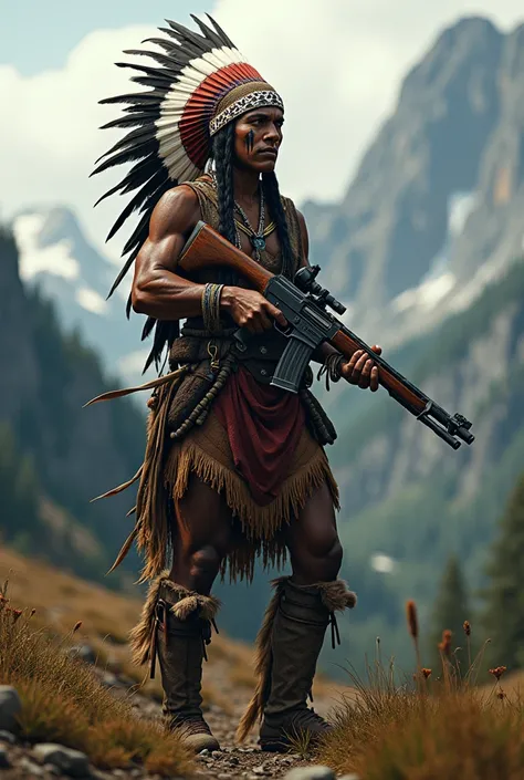 Indigenous feathered warrior with rifle