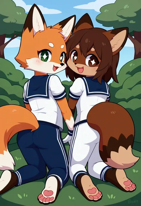 2girls, tanuki and fox, furry, bodyfur, tail, sailor suit, short sleeves, jersey pants, long pants, white gloves, barefoot, chibi, sparkling eyes, happy, full body, all fours, looking back, garden